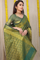 Unveiled Elegance Golden Worked Forest Green Heavy Banarasi Saree